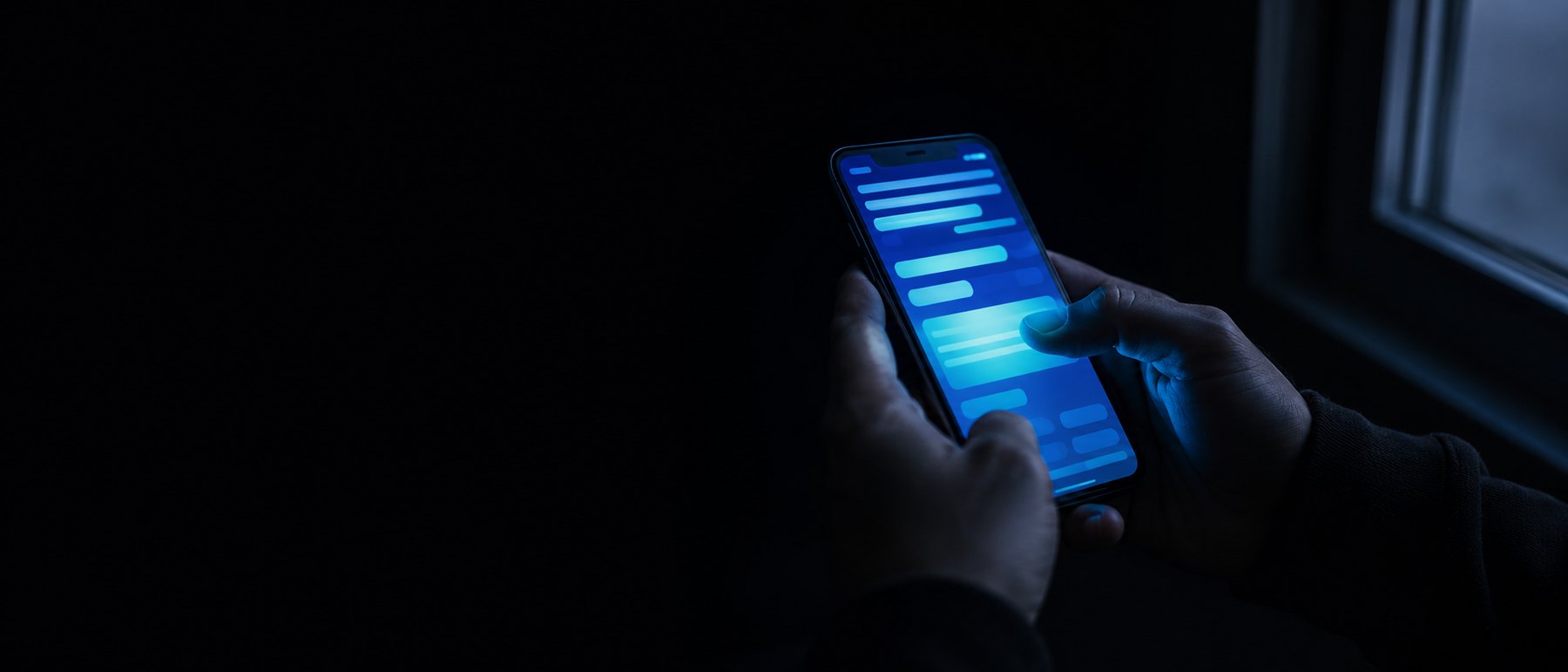 夜明けの暗い室内で、スマートフォンに届いた新着案件の通知を確認する手元